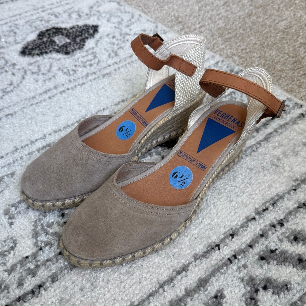 Verbenas Malena Taupe Suede Espadrille Wedges Size 6.5